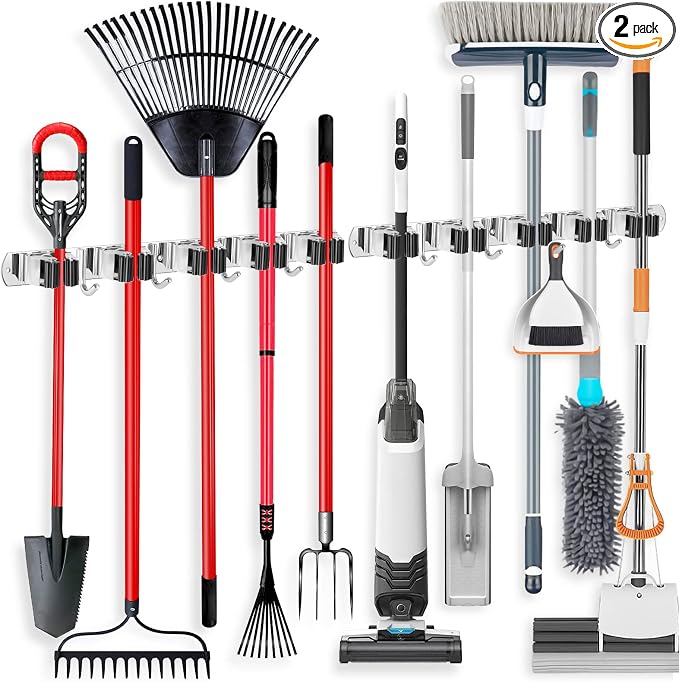 IMILLET 2 Pack Broom Holder Wall Mount Stainless Steel Mop Organizer | 5 Racks 4 Hooks Heavy Duty Garage Organization Storage,Broom and Mop Organizer Wall Hanging Self Adhesive for Laundry Room
