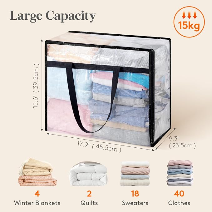 Lifewit 4 Pack Clear Blanket Storage Bags, Foldable Plastic Clothes Organizer with Zipper, Closet Organization Containers and Moving Bag for Comforter, Bedding, Duvet, 40L