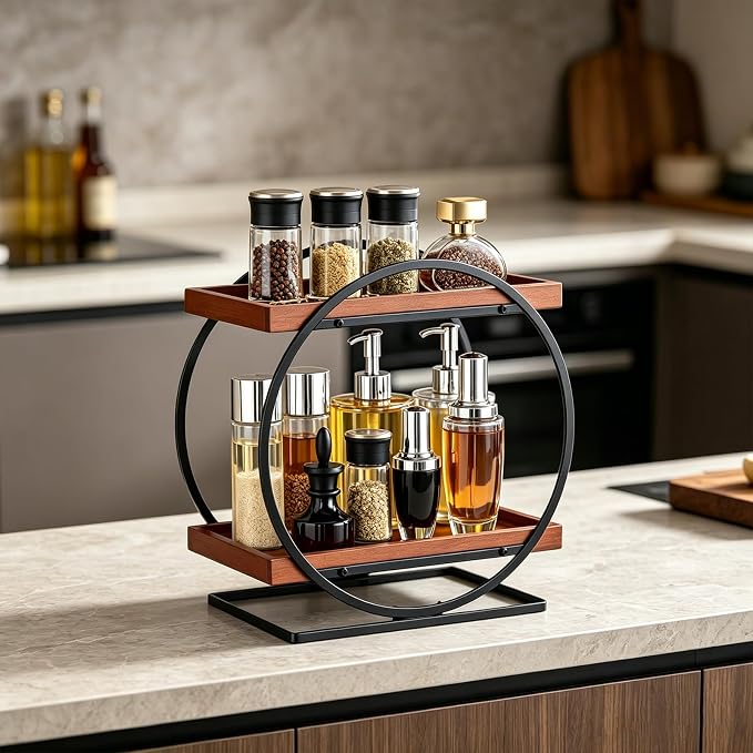 2-Tier Bathroom Counter Organizer, Wooden Perfume Organizer Dresser | Bamboo Countertop Trays Skincare Makeup Vanity Shelf, Organizers and Storage for Bathroom Kitchen,Black & Brown Perfume Stand