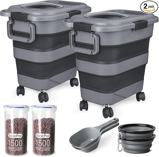 Dog Food Storage Container，2 Pack 25 lbs Airtight Collapsible Cat Food Storage Container with Attachable Wheels, Portable Handle, Dog Food Scoop for Dog Cat Bird Pet Dry Food Storage Bin Large
