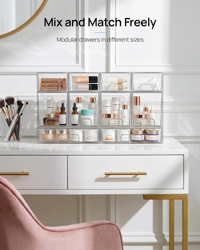 Vtopmart 12 Pack Small Clear Stackable Storage Drawers, Acrylic Bathroom Makeup Organizer, Plastic Storage Bins For Vanity, Undersink, Kitchen Cabinets, Pantry, Home Organization
