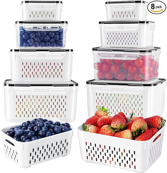 Freshmage Fruit Storage Containers for Fridge with Removable Colander 8 pcs | Airtight Food Storage Container Dishwasher Safe Produce Saver for Refrigerator Keep Berry Fruit Fresh Longer Small Clear