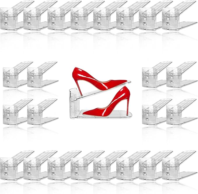 NVGSN 24Pack Clear Shoe Slot Organizer,Shoe Stacker,Storage Space Saver 50% | 3 Levels Adjustable Height 3.7''-7.7''shoe Organizer for Closet,Easy to Assemble shoe Rack Holder,Organizador de Zapatos