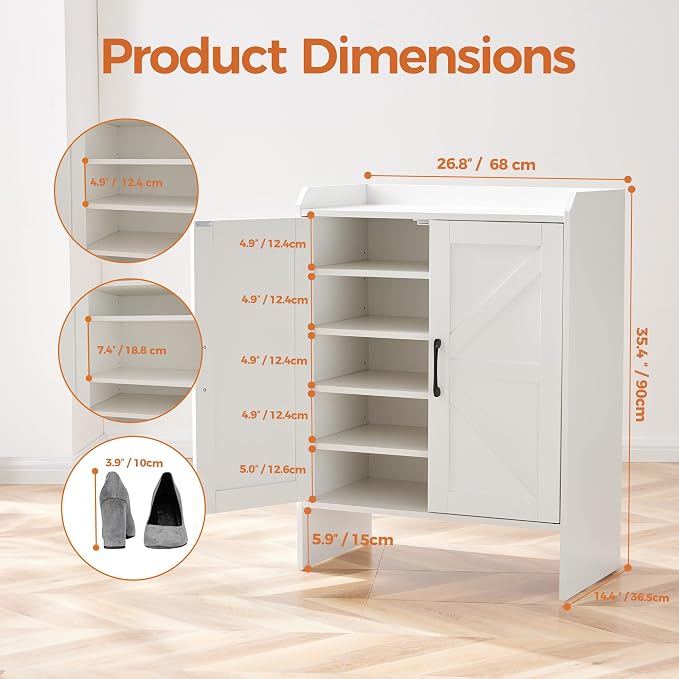 Farmhouse Shoe Cabinet with Doors, Modern Large 5-Tier Shoe Storage Cabinet with Adjustable Shelves, Wooden Shoe Organizer for Entryway, Hallway, Closet, Bedroom, Living Room