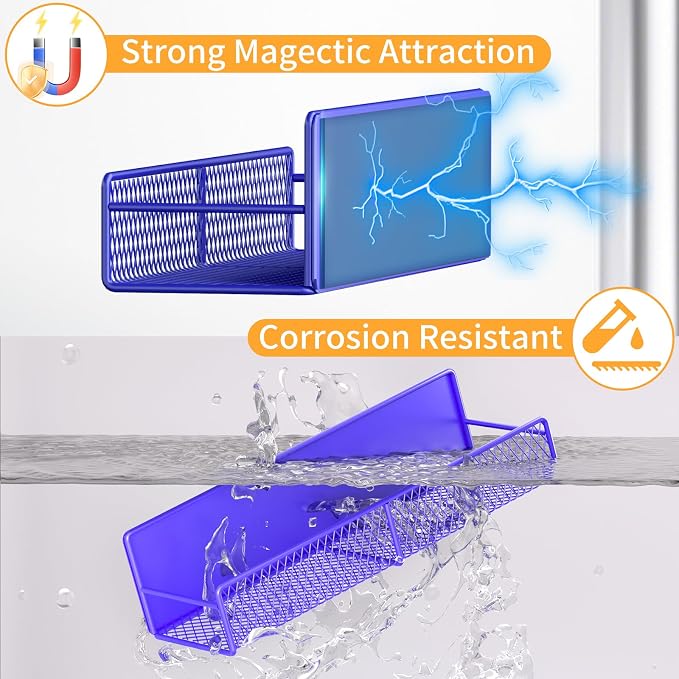 Magnetic Spice Rack for Refrigerator, 2 Pack 100% Metal Strong Magnet Shelf, Space Saving Spice Organizer W/ Hooks, Movable Magnetic Fridge Shelf, Kitchen Home Laundry Storage Organization,Purple Blue