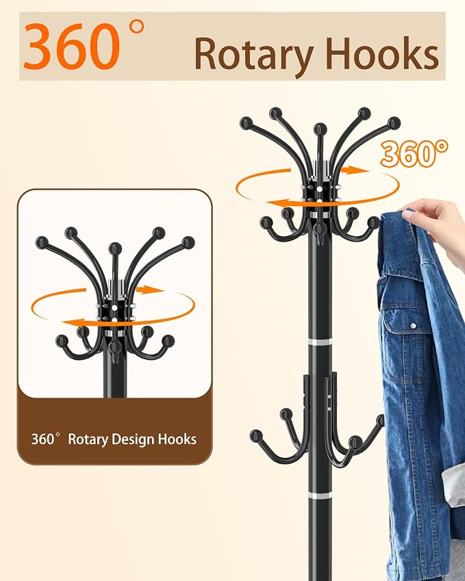 Modern Coat Rack Stand, 360° Rotary Metal Freestanding Coat Rack with Natural Marble Base, White Coat Racks and Coat Hanger Tree Jacket Stand with 14 Hooks for Office, Entryway, Hallway