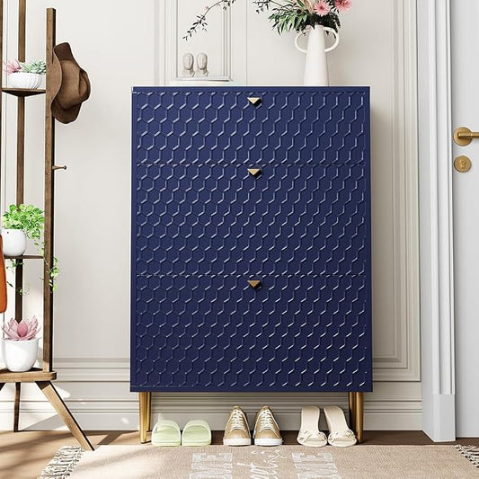 Boyel Living 3 Flip Drawers Free Standing Shoe Racks,Modern Shoes Cabinet with Brass Knobs and Legs, 24 Pair for Entryway (Blue