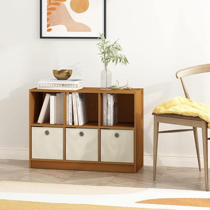Furinno Basic 3x2 Bookcase Storage w/Bins, Light Cherry/Ivory