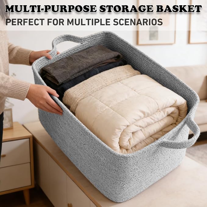 96L XXXLarge Woven Laundry Basket with Sturdy Handles - Grey | Machine washable,Space-Saving Collapsible Design,Cotton rope, blanket basket living room,for toys clothes nursery bathroom