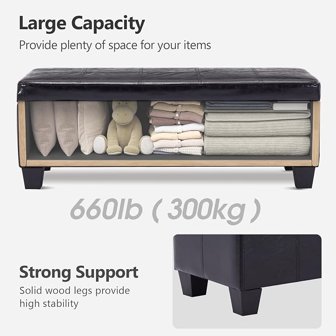 41.5 Inch Black Faux Leather Storage Ottoman Bench with Slow-Close Hinge | 2.8 cu ft hidden storage,660 lbs weight capacity,solid wood legs,fits entryway bedroom living room
