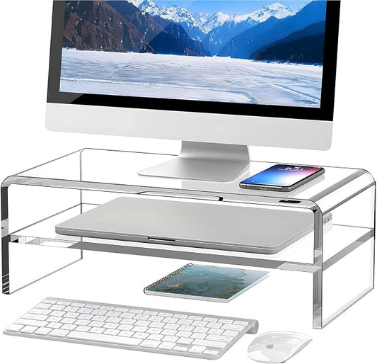 Egchi Clear Acrylic Monitor Stand Riser 2 Tier, 5.12 Inches High Clear Computer Desk Organizer Shelf for Multi Media PC Storage Laptop | Clear, Desk Shelf, for Multi Media PC Storage, Laptop Stand