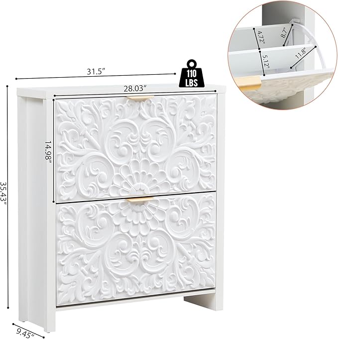 weselon Flip Drawer Shoe Cabinet Set of 2, Narrow Shoe Storage Cabinet, 2-Tier Hidden Shoe Organizer with Carved Floral for Entryway, Slim Shoes Storage for Hallway Foyer (2, White)