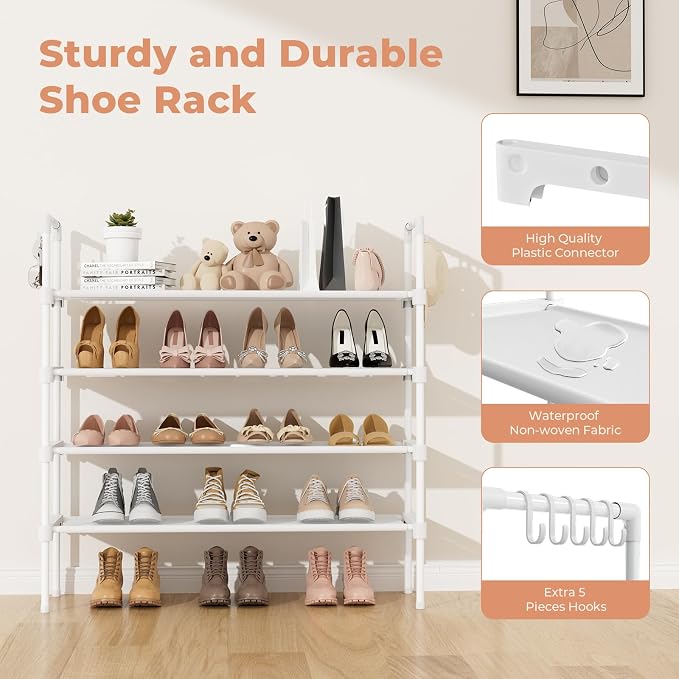 LANTEFUL 4 Tier Shoe Rack for Closet Shoe Organizer with 5 Hooks, Long Shoe Shelf Storage for Shoe and Boot Stackable Free Standing Shoe Rack for Entryway, Garage, Small Spaces, Dorm, White