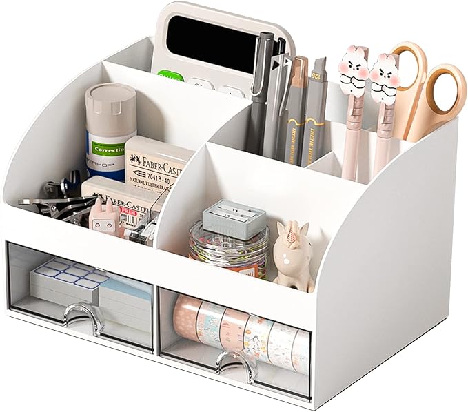 COMFYROOM Desk Organizer with 6 Compartments and 2 Drawers, Plastic Makeup Organizer, Pen Holder for Desktop Storage, Desk Organization for School, Home, Office Supplies (White)
