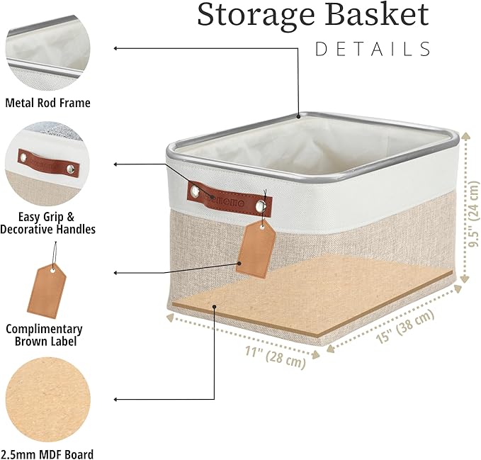 DECOMOMO Storage Bins, Large Fabric Storage Baskets for Shelves 1 Pack | 15 x 11 x 9.5 inches Decorative Linen Closet Organizers (Beige & White)