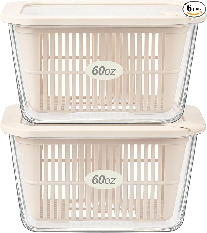 Glass Food Storage Containers with Glass Lids, Microwave Safe Food Container Set, Aitight Meal Prep Container Set, BPA Free, 2 extra Colanders, LeakProof, 2 Pack of 60oz