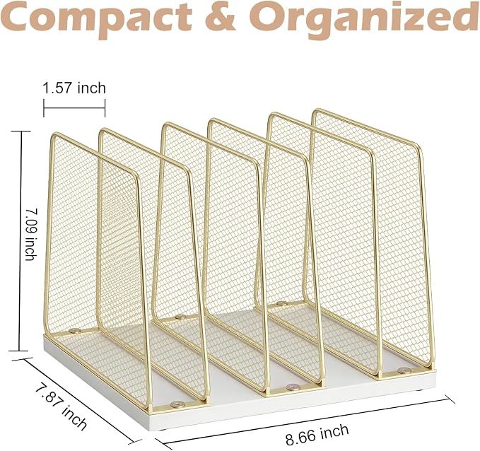 5-Section Vertical File Organizer for Desk, Gold | Sturdy Wood Base, Metal Mesh, Desktop File Holder, Upright Paper Folder Sorter