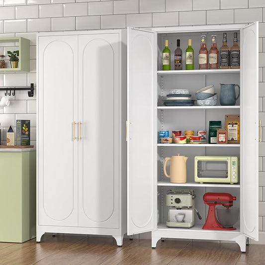 Polup 75" Tall Metal Kitchen Pantry Storage Cabinet with Doors and Shelves | White Freestanding Cupboard, 5-Tier Heavy Duty, 4 Adjustable Shelving, Gold Handles, for Garage, Dining Living Room, Office
