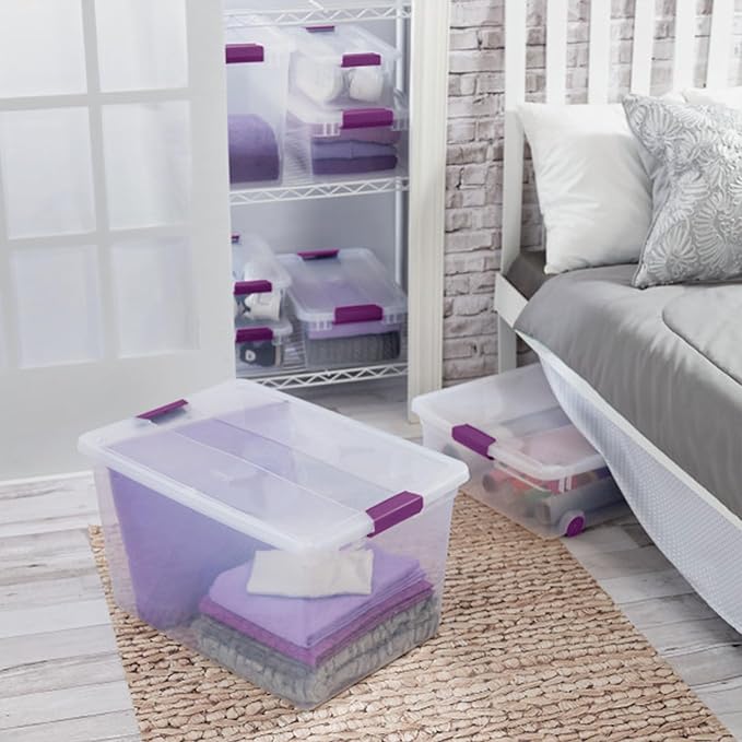 Sterilite ClearView Latch Boxes, Storage Bins with Lids, 66 Quart, 18-Pack | Clear Plastic Organizers with Color Accent Latches for Closet, Bedroom, Shelving Units, Dorm Room and Home Organization