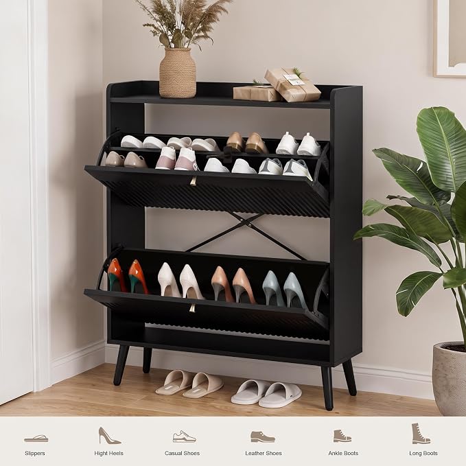 BERRYMERRY 31.5” Black Fluted Shoe Cabinet Storage with 2 Flip Drawers | narrow,entryway,adjustable feet,32 pairs shoe,shoe organize,hidden shoe rack,fluted panel,wave pattern,wood,space saving