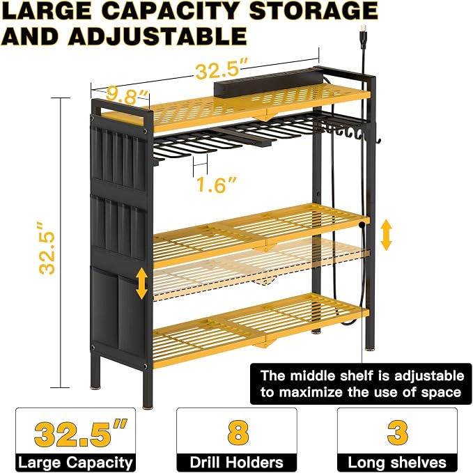 NattyDot Power Tool Organizer Cart with Charging Station, 8 Drills, Yellow | Freestanding Power Tool Cart Holds 8 Drills; Charging Station Powers Batteries while Sturdy Shelves Organize Garage Gear