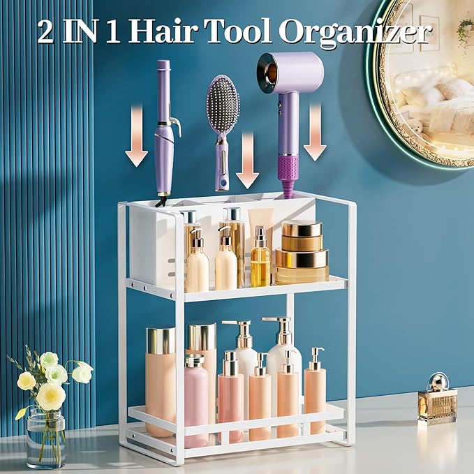 Bathroom Counter Organizer, Metal Vanity Shelf with Hair Dryer Holder | 2 Tier Hair Tool Organizer, Large Capacity Space-Saving, For Perfume, Skincare & Makeup Storage