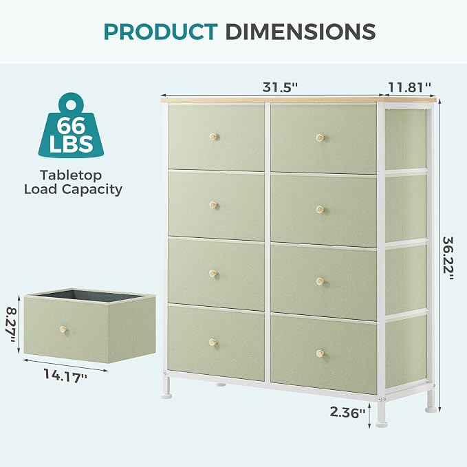 OLIXIS 8 Drawer Storage Dresser for Bedroom, Closet Organizers Units | Fabric Dresser with Wooden Top, Chest of Drawers Clothes Storage, Tower Cabinet, TV Stand Furniture, Light Green