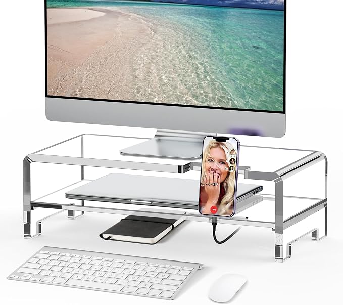 Acrylic Monitor Stand Riser Clear Laptop Stand 2-Tier L16 xW7.5 xH4.7 | Computer Monitor Stand Laptop Riser with Storage, Compatible with All Notebooks and Monitors, Desk Organizer for Home Office