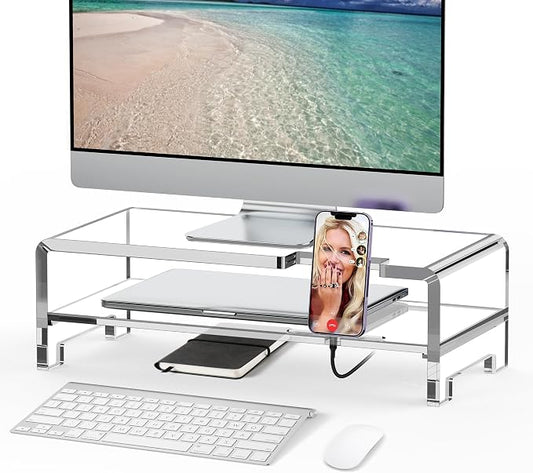 Acrylic Monitor Stand Riser Clear Laptop Stand 2-Tier L16 xW7.5 xH4.7 | Computer Monitor Stand Laptop Riser with Storage, Compatible with All Notebooks and Monitors, Desk Organizer for Home Office