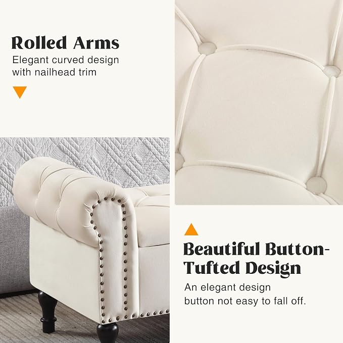 Storage Bed Bench for Bedroom, Velvet 67" End of Bed Benches, King Size Bench with Armrest, Tufted Button Upholstered Ottoman Bench for Living Room, Entryway, Cream White