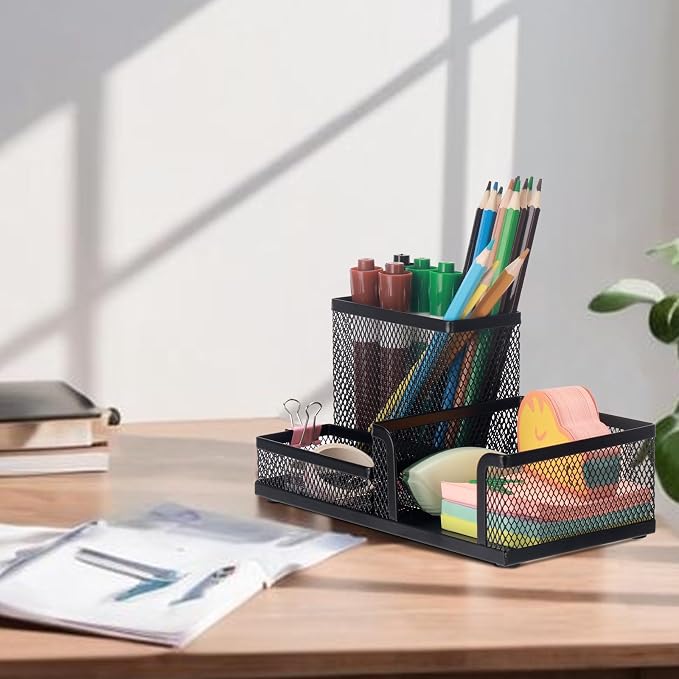 Comix 2 Packs Mesh Pen Holder, Desk Organizer for Home Office, Black | 3 Compartment Pencil Holder, Sticky Notes Holder, Pen Organizer Office Supplies