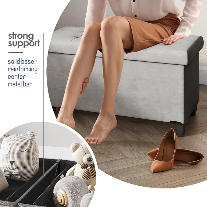 Storage Ottoman Bench with Bins, 30-in Storage Bench for Bedroom End of Bed, Folding Foot Rest Ottoman for Living Room Max 660lbs, Velvet Ottomans, Light Grey