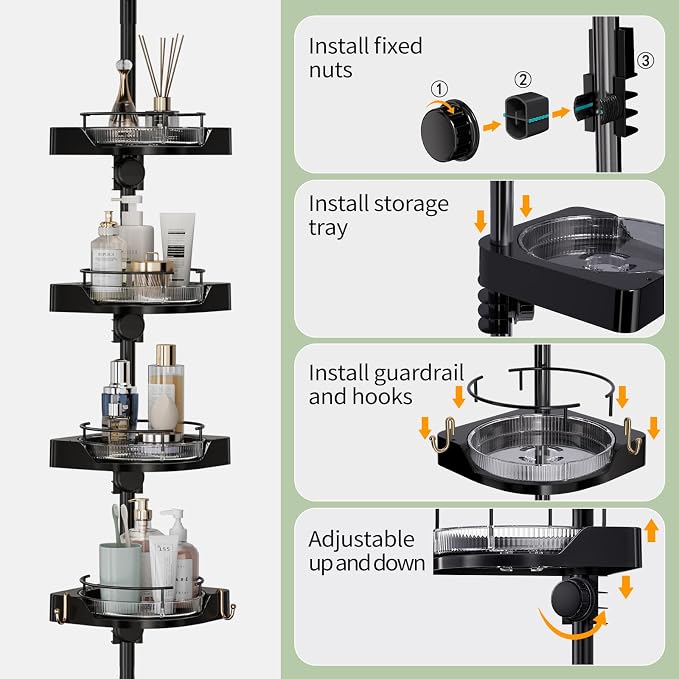akinbas 360° Rotating Shower Caddy Tension Pole with 4-Tier Rustproof Lazy Susan 35-128 Inch No Drilling Coner Shelves Adjustable Shower Rack for Bathroom Bathtub Washbasin Plant Storage (Black)