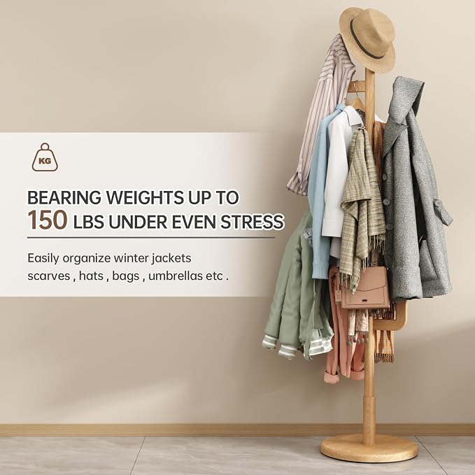 Solid Wood Cactus Coat Rack, Freestanding Coat Rack With 6 L-Shaped Hooks and 3 Adjustable Sizes, Coat Tree for Bedroom, Entryway, Livingroom, Coat Hanger Stand for Coats, Handbags (Natural)