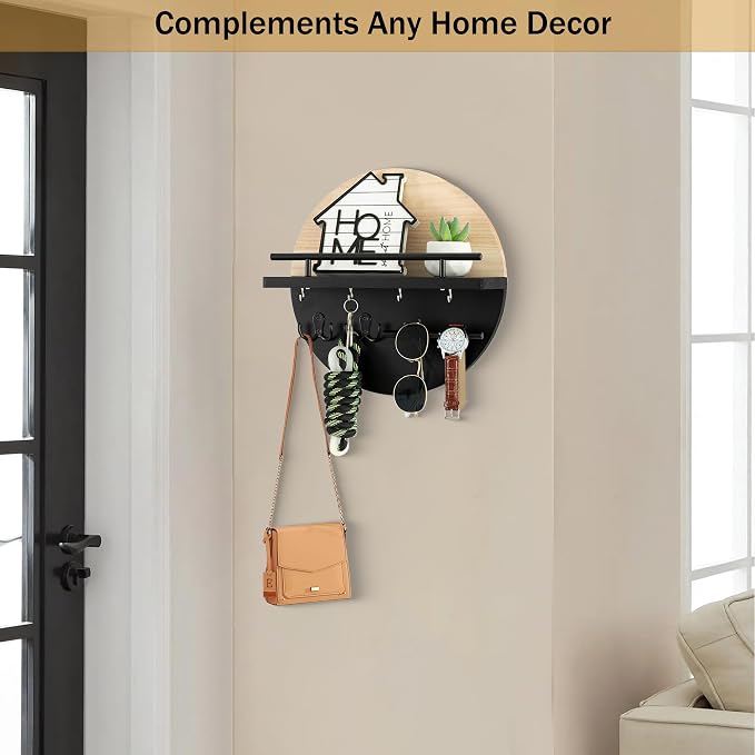 dreampossible Key Holder for Wall Decorative with Shelf and Hooks, Mail Organizer Wall Mount with Sunglasses Holder, Circular Design Entryway Key Rack Hanger, Rustic Home Decor