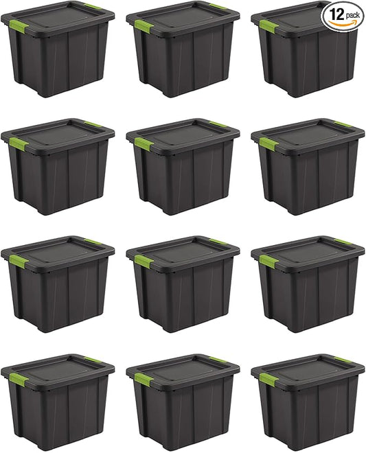 Sterilite Latching Tuff1 Tote Containers w/Lids, 18 Gallon, 12-Pack | Flat Gray, Large Plastic Storage Bins - Heavy-Duty Stackable Organizer Boxes for Home, Office, Basement, Closet, & Garage