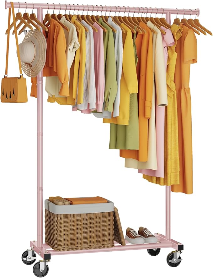HYSEYY Clothes Rack, Clothing Rack for Hanging Clothes, Rolling Garment Rack Sturdy Coat Rack Portable Wardrobe Rack Metal Closet Rack for Bedroom Laundry Living Room, Pink