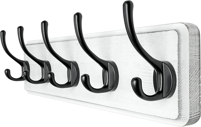 Coat Rack Wall: Patented, Heavy-Duty, 17.4" Long 5-Double-Hooks Wooden Wall Mounted Coat Rack Coat Hanger Hook Rail for Winter Coats Hat Jacket Clothing, White & Black