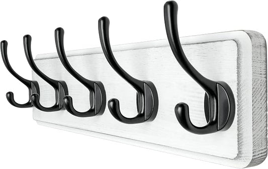 Coat Rack Wall: Patented, Heavy-Duty, 17.4" Long 5-Double-Hooks Wooden Wall Mounted Coat Rack Coat Hanger Hook Rail for Winter Coats Hat Jacket Clothing, White & Black