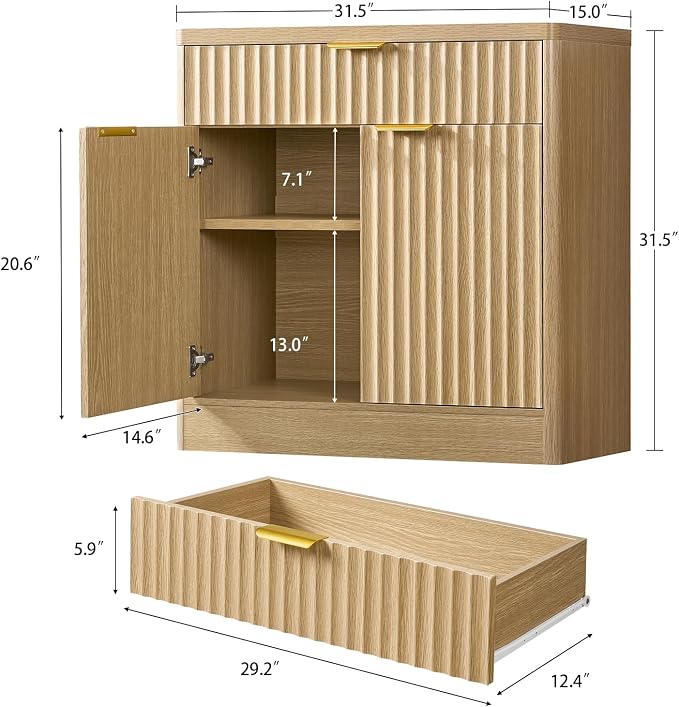 31.5" W Storage Cabinet with Drawer and Adjustable Shelf, Coffee Bar Cabinet, Fluted Sideboard Buffet Cabinet with 2 Doors for Living Room, Kitchen, Entryway, Natural