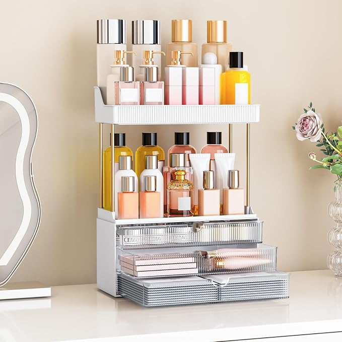 caktraie 3-Drawer 2-Tier Acrylic Makeup & Bathroom Vanity Organizer | Clear,3 smooth drawers, 2 open shelves, dustproof, wipe clean, for large skincare, perfumes, lipsticks, dresser, counter