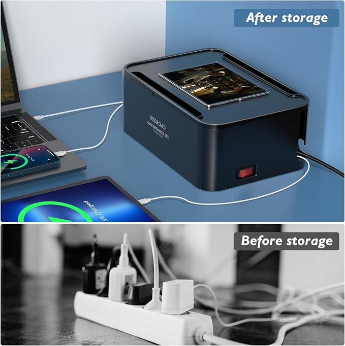 Power Strips with Cable Management Box, Surge Protector, Black | Cord Organizer with 8 Outlets 3 USB Ports Switch Control, 6.6 ft Plug Extension Cord, Charging Station for Dorm, Office, Home
