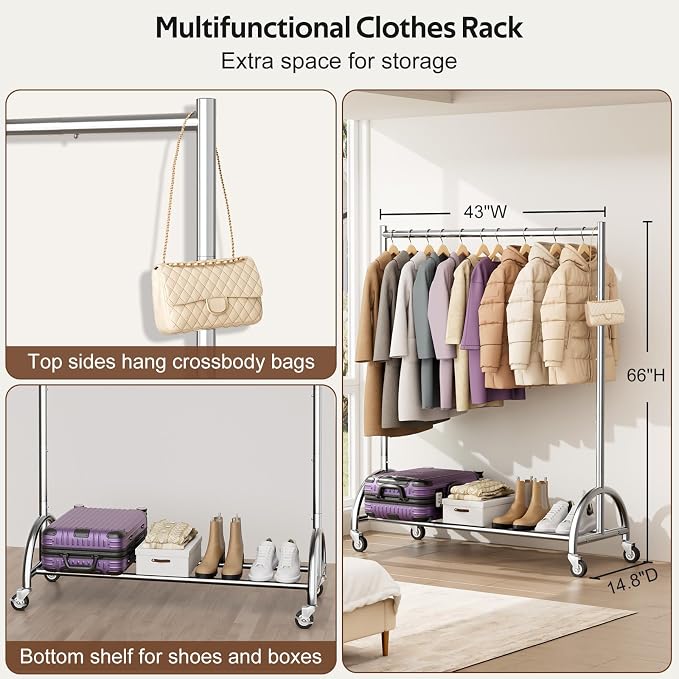 MISSLO Heavy Duty Clothing Rack with Wheels Rolling Clothes Racks for Hanging Clothes, Coats, Garment, Dress, Silver