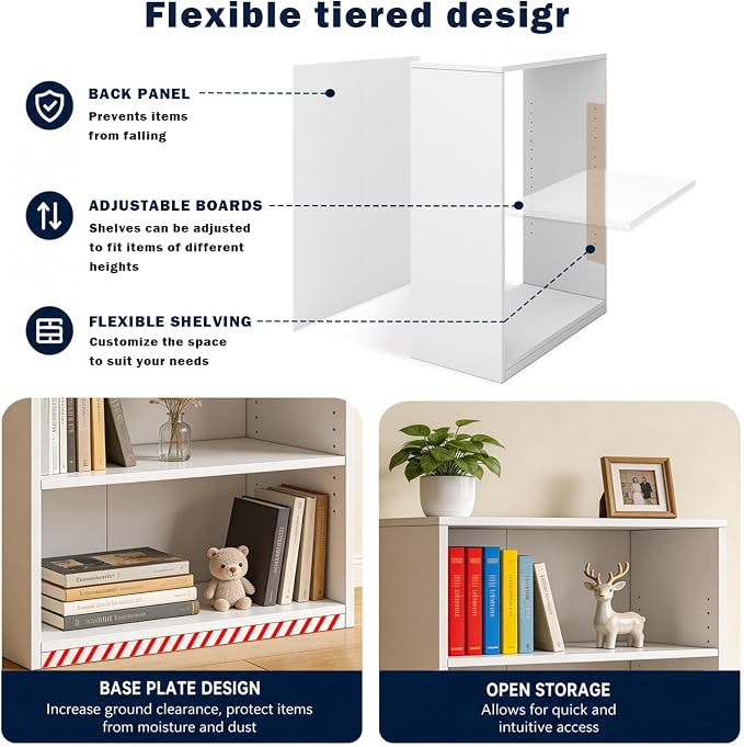 3-Tier Bookcase, 71 Inches, Wooden Open Display Floor Bookshelf with Adjustable Shelves (White)