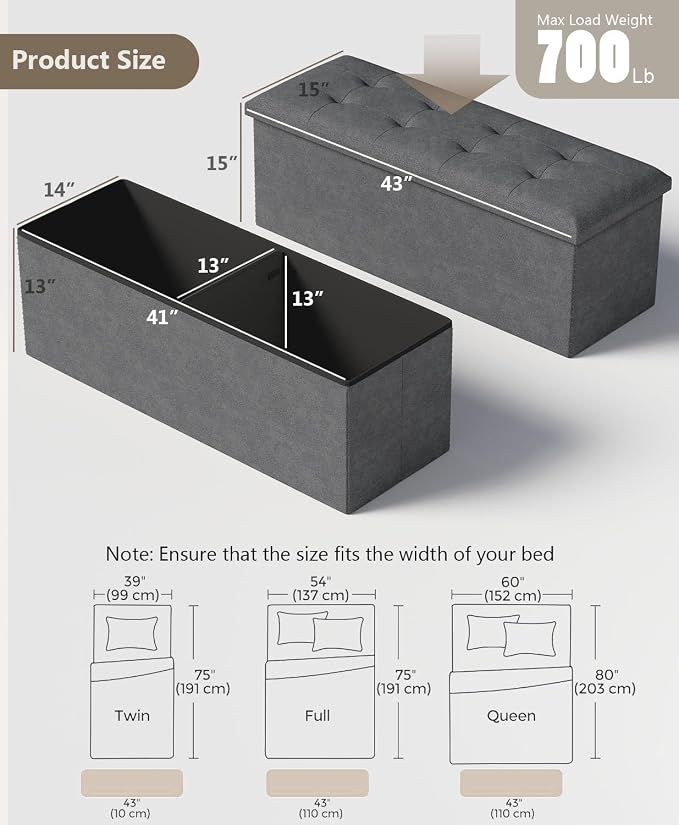 Folding Storage Ottoman Bench, Dark Gray, 43 Inches | Multi-Functional Ottoman Foot Rest, End of Bed Bench, Storage Chest, Living Room, Bedroom, Hallway, Entryway, 600 lb Capacity
