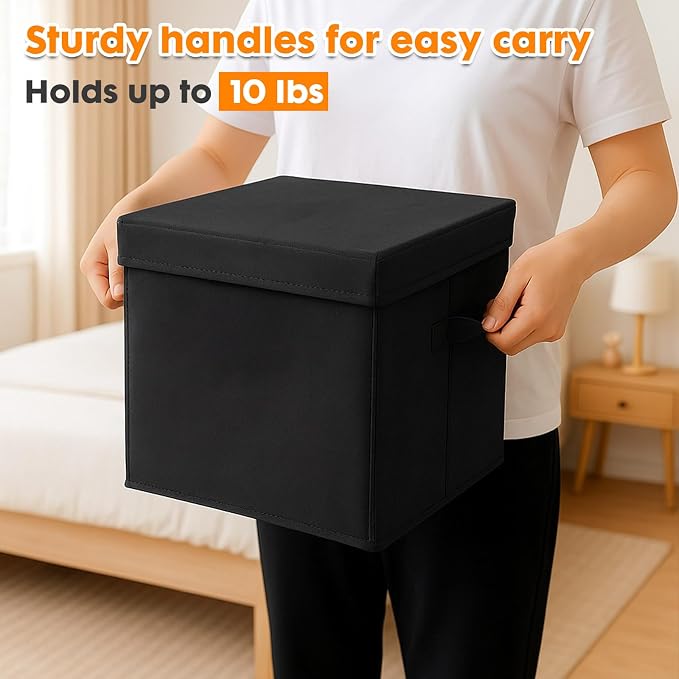 ShellKingdom Storage Bins, Foldable Fabric Storage Cube with Lid for Closet | Clothes Storage Organizer Drawer For Closet Toys Storage, 13 X 13 X 13 INCH, 2 Pack (Black)