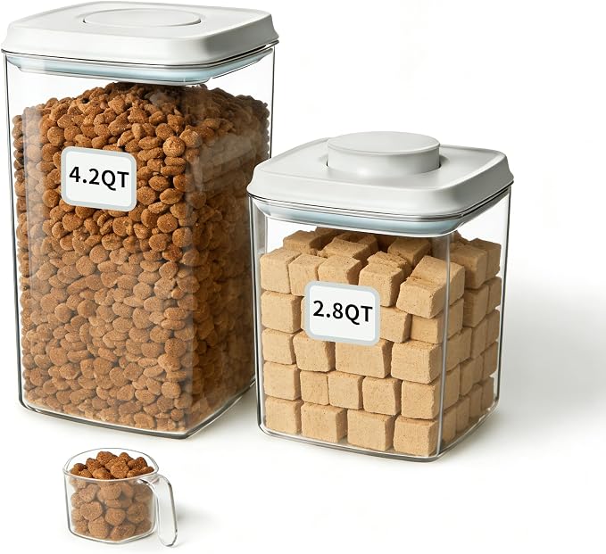 Dog Food Storage Containers Set, 4.2 QT with 130 ml Scoop & 2.8 QT, Airtight BPA-Free | Stackable Pop Lid Plastic Containers for Kibble & Pet Treats