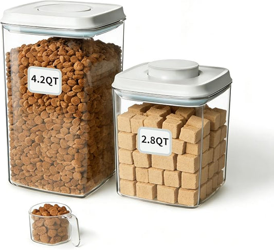 Dog Food Storage Containers Set, 4.2 QT with 130 ml Scoop & 2.8 QT, Airtight BPA-Free | Stackable Pop Lid Plastic Containers for Kibble & Pet Treats