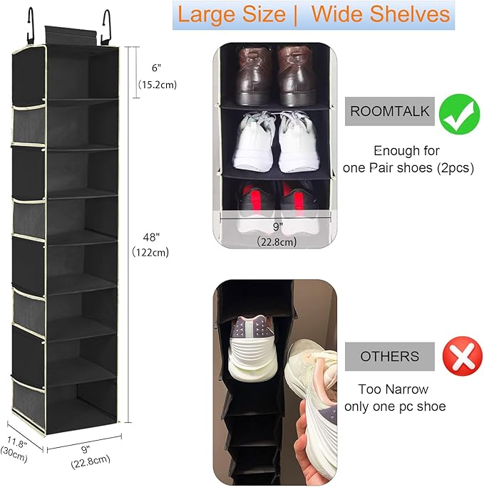 2 Pack Large-Sized Hanging Shoe Organizer 8-Shelf, Hanging Closet Organizer with 8 Side Pockets, Wider Hanging Shelves for Storage Shoes Clothes 9" W × 11.8" D× 48" H, Black.