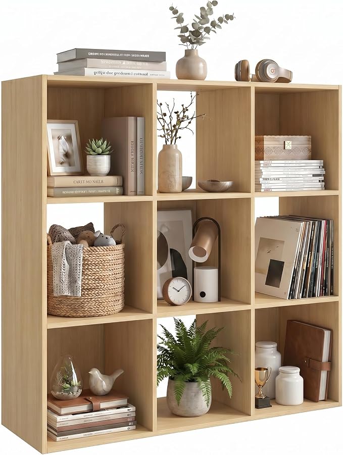 WannabeMyself【Sturdy Build&Easy Assembly】9 Cube Storage Organizer with Anti-Tipping Kits,Reversible Open Back Book Shelf, Bookcase for Living Room,Bedroom,Entrance Hall,Office,35.8×11.4×35.9,Oak Color